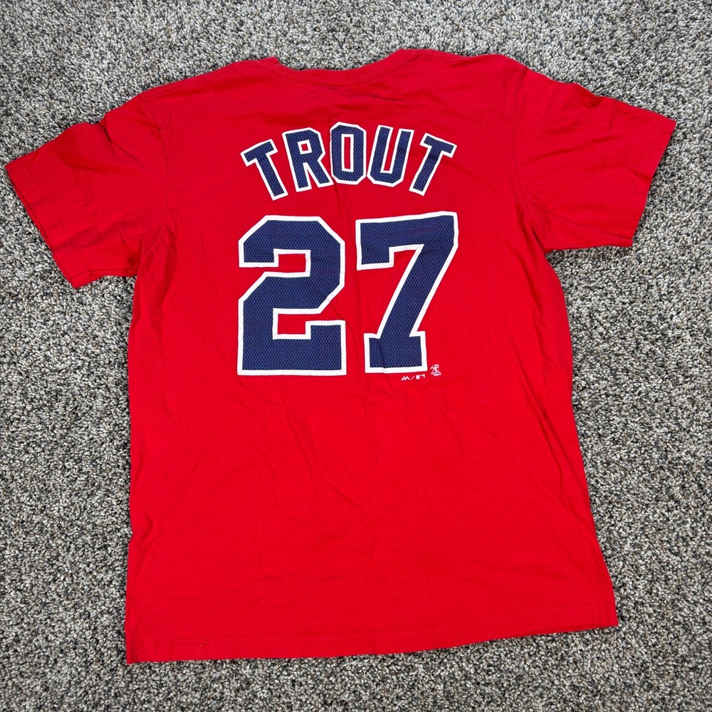 Majestic Los Angeles Angels Men's Large Mike Trout 27 Reel Em In Red T-Shirt